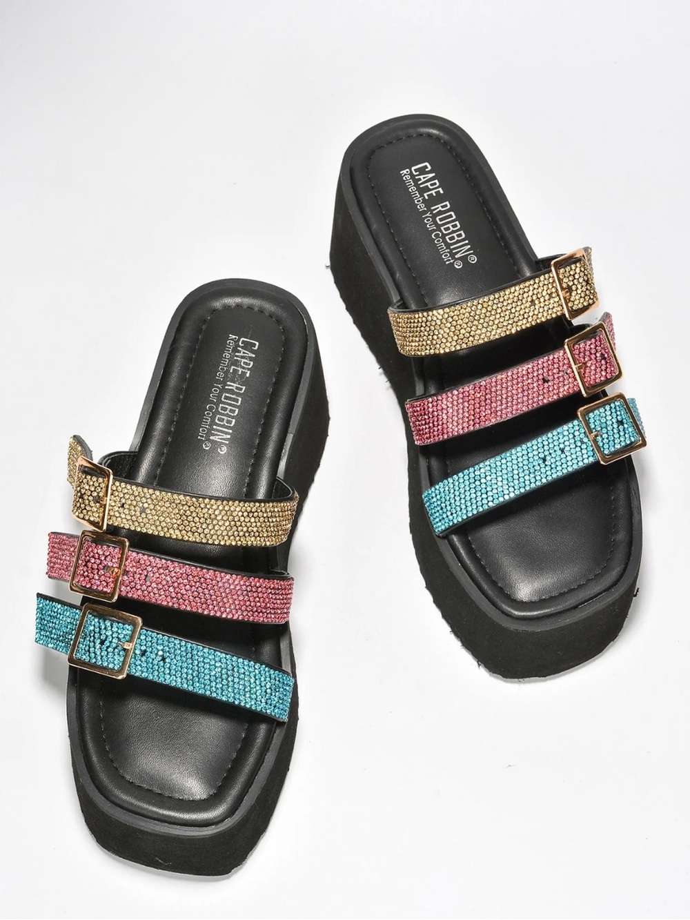 •CAPE ROBBIN• “Paye” Buckle Platform Rhinestone Slide Sandals-Multi // NIB - Picture 6 of 15